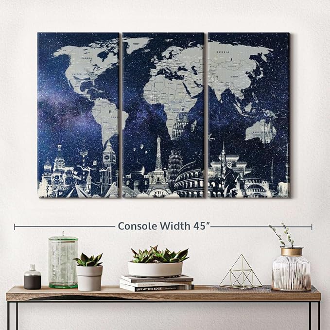 ElephantStock Starry World Map Multi Piece Canvas - 3 Panel Wall Decor - Map of the World Art - Canvas for the Office and Home - 38" X 24"
