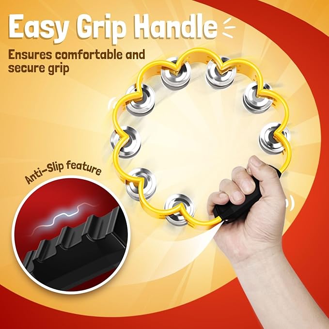 Flexzion Flower Tambourine - 8 Inch Handheld Percussion Instrument w/Metal Jingles & Ergonomic Grip - Small Tambourines for Adults, Kids, Church, Parties, & Musical Events (2 Pack - Red & Yellow)