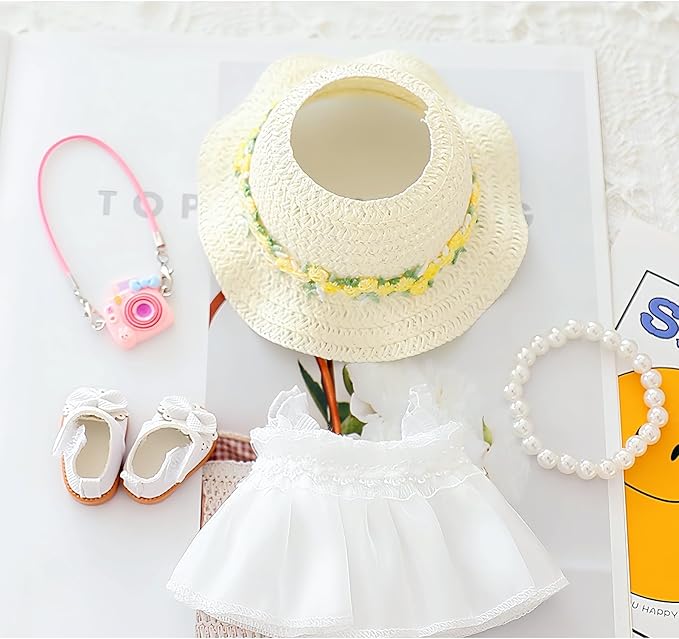 Clothes for Dolls Accessories, Outfit Set 5 Pieces Gauze Dress for 15cm 17cm Doll (No Doll), Romantic Hat Skirt Shoes Doll Clothing Set Replacement White