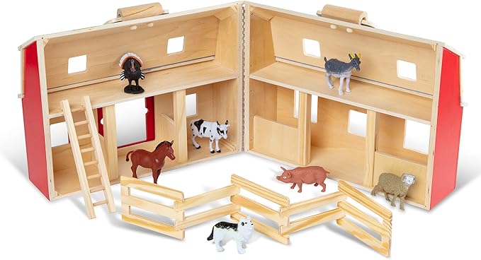 Melissa & Doug Fold and Go Wooden Barn with 7 Animal Play Figures - Farm Animals Barn Toy, Portable Toys, Farm Toys for Kids and Toddlers Ages 3+