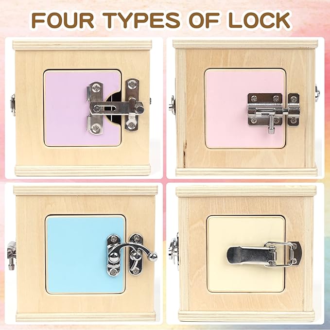 Beech Wooden Lock Box with 4 Different Doors & Various Lock Mechanisms Helps Develop Probelm Solving Skills,Montessori Wooden Educational Toy,Learning Fine Motor Skills Activity Board for 1+ Years