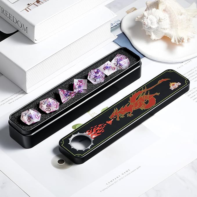 Flower DND Dice ,DNDND Handmade Double-Layers Resin Sharp Edge Die with Gift Case for D&D Dungeons and Dragon Games (Purple Flower)