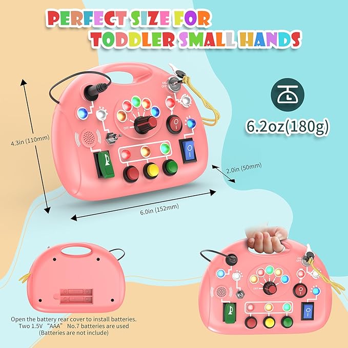 Montessori Busy Board, Busy Board with LED Light for Toddlers 2-4 Year Old, Baby Sensory Board Toddler Travel Toys for Kids My Preschool Busy Book Boy and Girls Birthday Gifts (Pink)