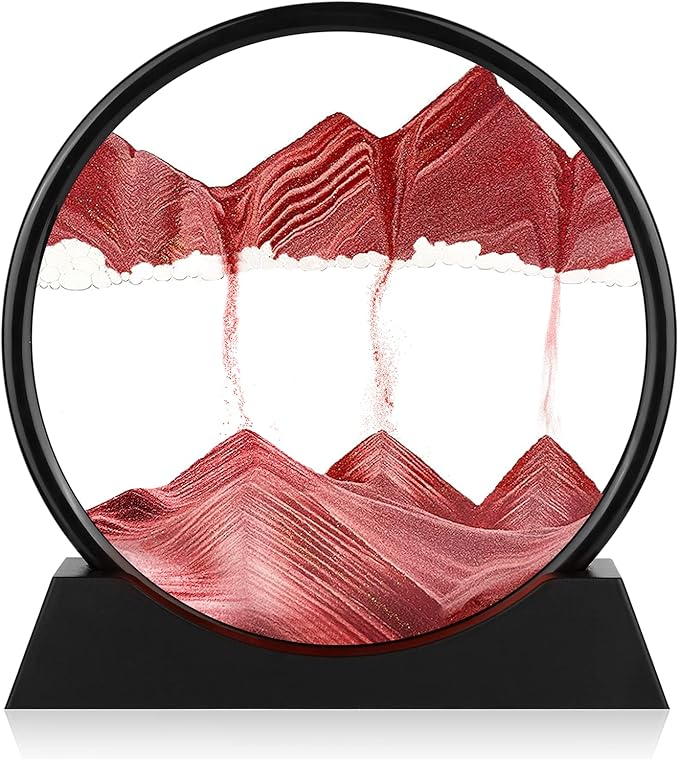 Moving Sand Art Picture - 3D Quicksand Painting Decor - Round Glass 3D Deep Sea Sandscape - Relaxing Home Decoration Desk Toys for Home Office Desk Mantle Bookshelf- (Red, 7 in)