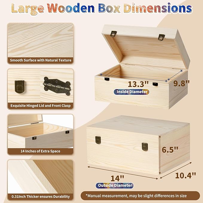 2 Pack Unfinished Wood Box with Lid Large Wooden Box(14”x10.4”x 6.5"+12"x 9"x4.9") Pine Storage Wood Boxes for Crafts, Jewelry, Art, DIYMemory,Keepsake Wooden Gift Boxes