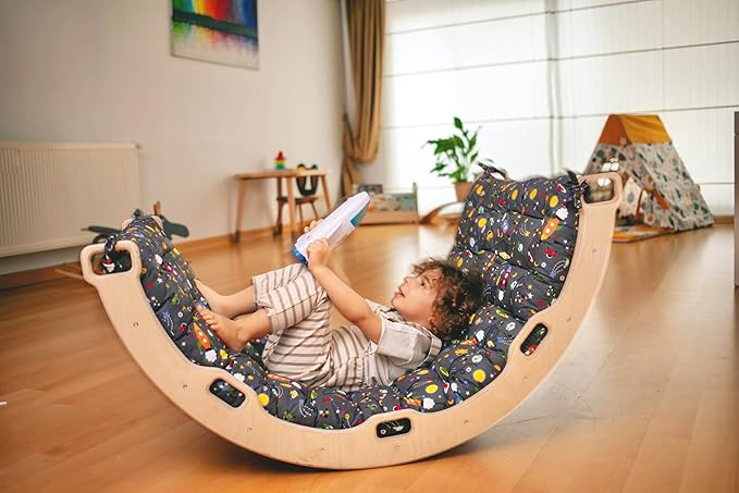 Climbing Arch | Montessori Rocker Arch | Arch with Cosy Pillow | Wooden Climbing Arch with Cushion | Wooden Climbing Arch and Rocker | Indoor Playground Cosy Cushion Rocker (Space)