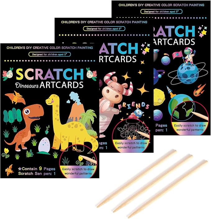 KSIWRE 3 Set Scratch Paper Art for Kids, Magic Rainbow Scratch Art with 3 Scratch Pen, Colorful Painting Book Gifts for Kids Boys Girls (Dinosaurs/Spaceman/Cute Animal)