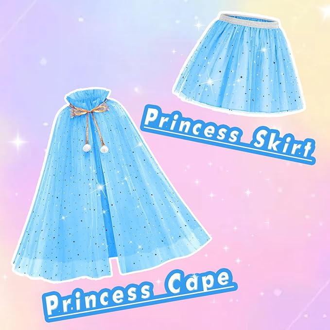 Princess Cape Set for Little Girl, 11PCS Princess Dress Up Clothes Cape Clock with Skirt for Girl 3-8 Birthday Gift