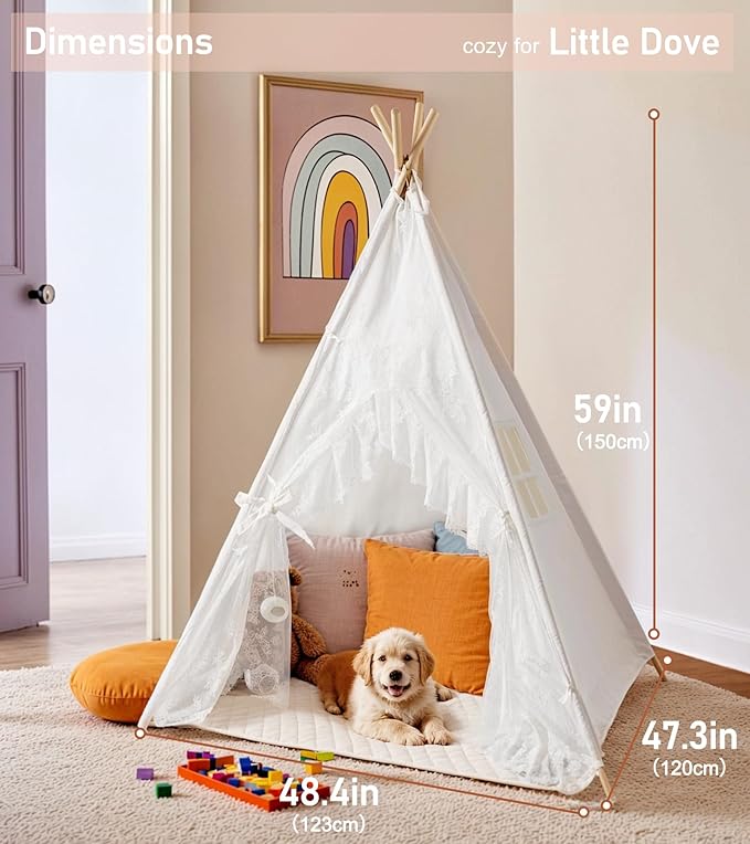 Kids Teepee Tent with Starry Lights, Ground Mat and Pockets, Teepee Tent for Kids Indoor & Outdoor Use, Foldable Play Tents for Boys & Girls, Washable Toddler Playhouse for Birthdays & Holidays