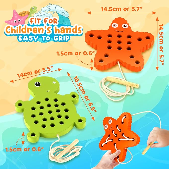 KLT Wooden Lacing Toys for Toddlers Fine Motor Learning, 1 Turtle 1 Starfish Wood Puzzle Preschool Educational Toys, Montessori Gifts for Kids 3-5