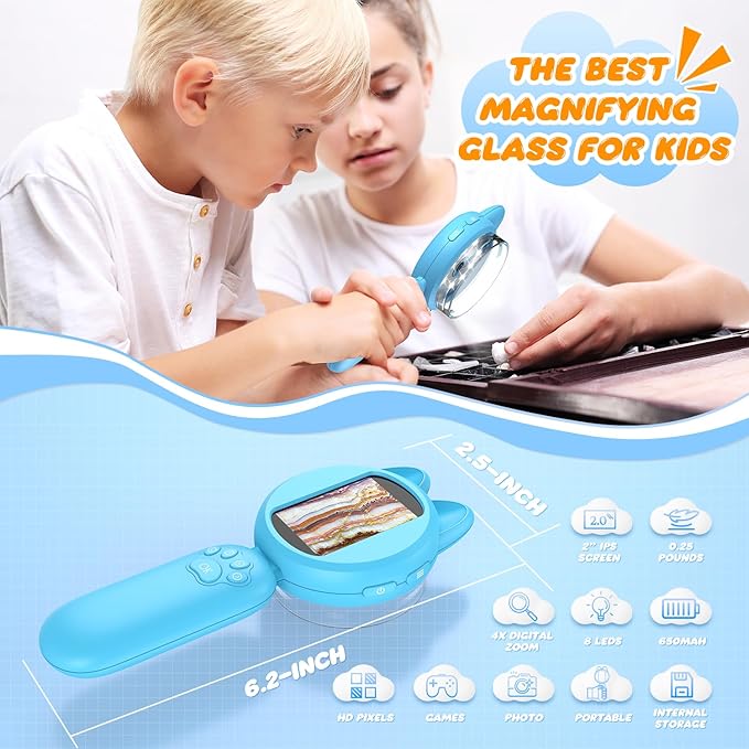 Magnifying Glass for Kids, 100X Handheld Microscope with 2" LCD Scrren, Kids Magnifer with 8 LED Lights, Christmas Birthday Gifts for Children