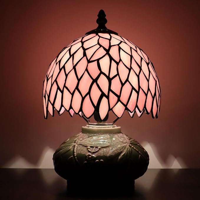 Small Tiffany Lamp Mushroom Table Lamp, Mini Stained Glass Desk Light Memory Sympathy Ceramic lamp 8X11 Inch (Pink Wisteria)
