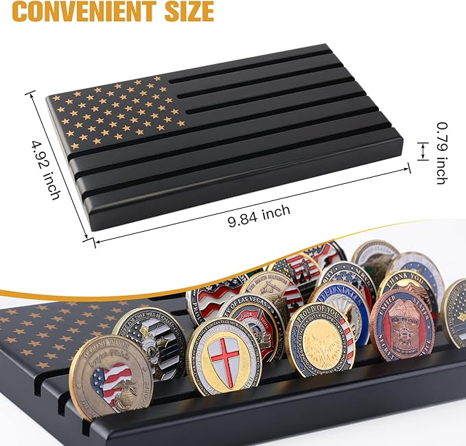 Military Challenge Coins Display Holder,Challenge Coins Stand with American Flag,Army Collectors 6 Rows Military Coin Display Case Rack Solid Wood