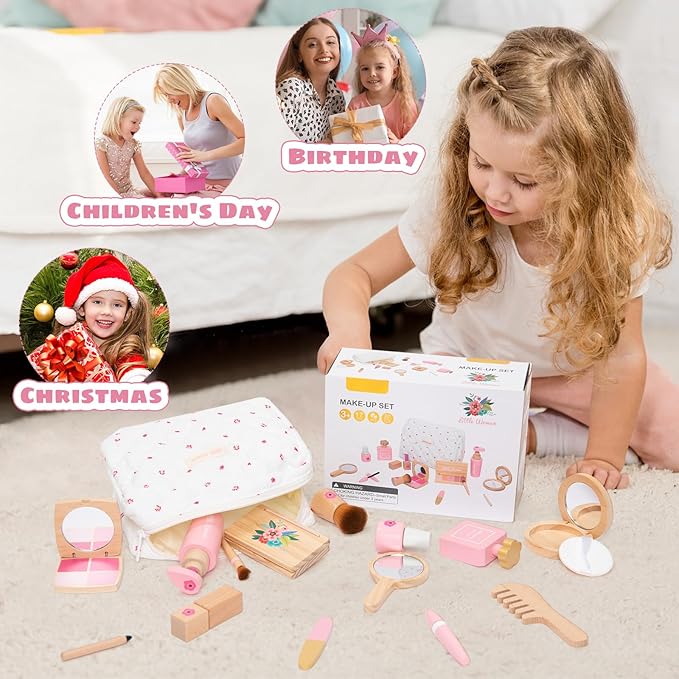 Wooden Makeup Toy Set, Pretend Play Makeup Kit for Toddlers Realistic Beauty Salon Set for Girls with Eyeshadow Lipstick Perfume Brush and Cosmetic Bag Birthday Gifts for Girls Toys Kids Aged 3 4 5 6