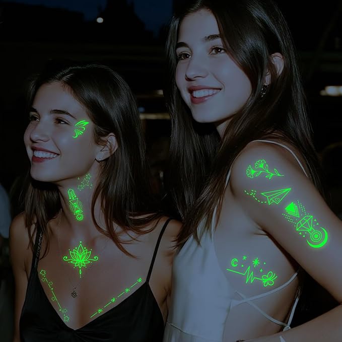 Glow Tiny Temporary Tattoo for Women Men, Luminous Star Sun Heart Butterfly Fake Tattoos, Classical Line Words for Adult Kid Arm Neck Body Tattoos Stickers Party Supplies Realistic, 60 Sheets