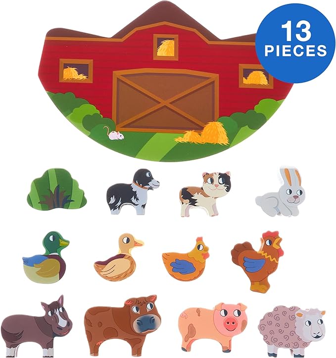 Imagination Generation Wooden Wonders Balancing Playset | Develops Dexterity, Motor Skills, Sharing Skills | Safe Wood & Paint | 13 PC Barnyard Playset