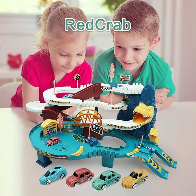 RedCrab Kids Dinosaur Car Playset Toy Ramp Track Set,Dino Adventure Toys with Flexible Track and 4 Mini Race Cars,Winding Highway Dinosaur Hill Toy Gifts for 3 4 5 6 Year Olds Boys Girls