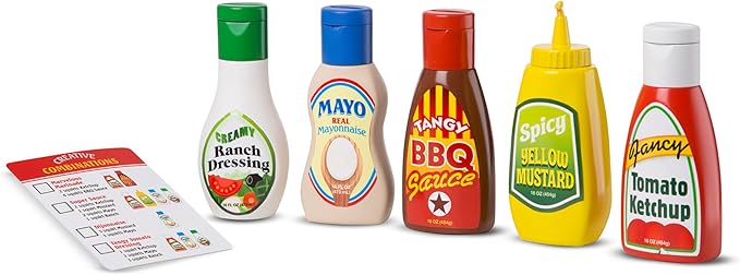 Melissa & Doug 5-Piece Favorite Condiments Play Food Set Play Ketchup and Mustard Bottles, Pretend Food Set for Kids Ages 3+