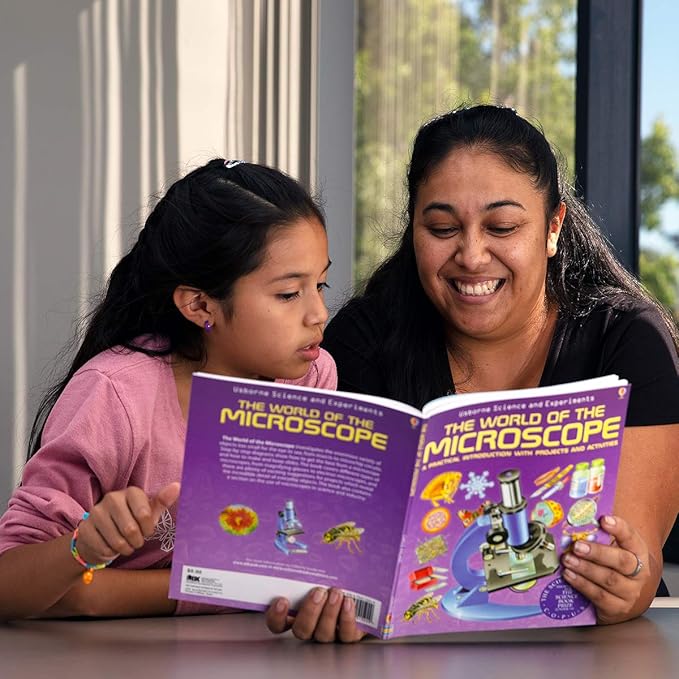 AmScope M30 Series 52-Piece STEM Microscope Kit for Kids - Monocular, Portable Compound Microscope for Kids - Includes The World of The Microscope, Petri Dish, Slides & More - White