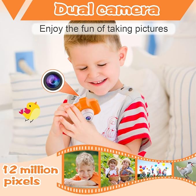 PROGRACE Orange Kids Camera, Birthday for Girls and Boys Ages 3-12, HD Digital Video Camera for Toddlers, IPS HD Screen, Portable Toy with 32GB SD Card