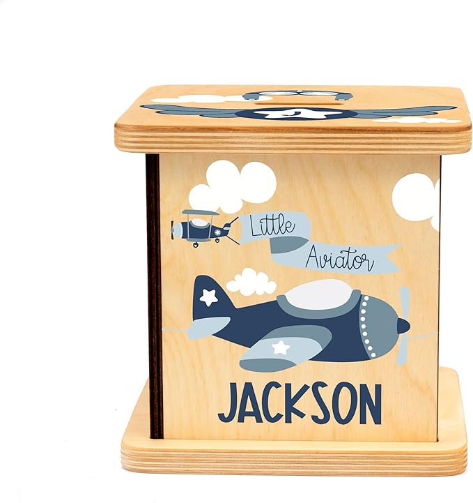 Wooden Piggy Bank for Kids and Adults, Personalized Gift Handmade in USA by BloomOwl, Custom Piggy Bank, Personalized Banks for Kids, Gifts for Baby Boys and Girls (Airplane)
