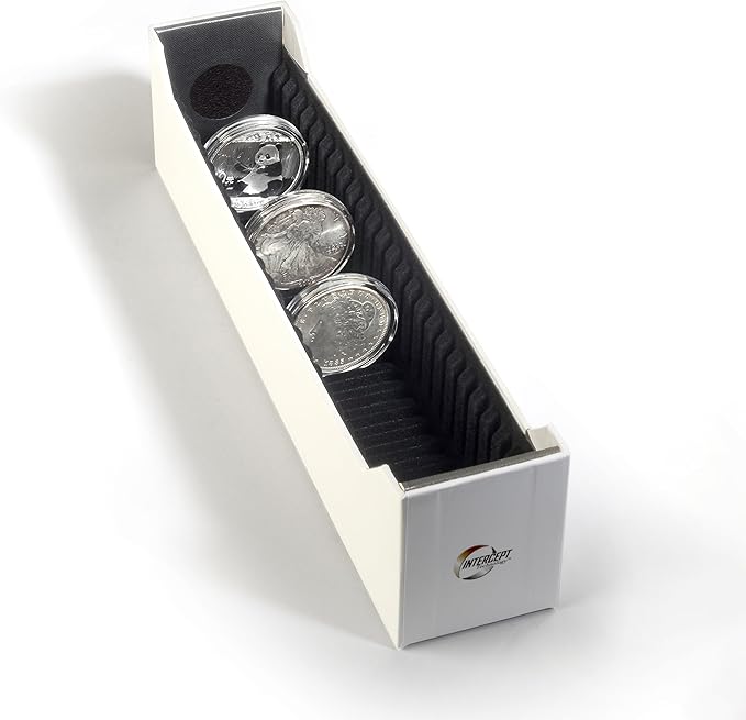LIGHTHOUSE - Storage Box with Tracks for 25 Round Coin Capsules Grips 38-41 mm with INTERCEPT Technology Corrosion Protection (11 1/2" x 2 3/4" x 2 1/2")