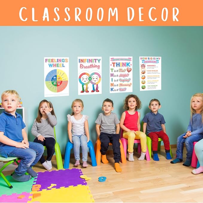 DeeDee's Workshop 4 Feelings Chart For Kids, Feelings Wheel Posters, Emotions Poster, Calm Down Corner Poster, Autism Sensory Products, Set of 4 (11 x 17 inches), Large