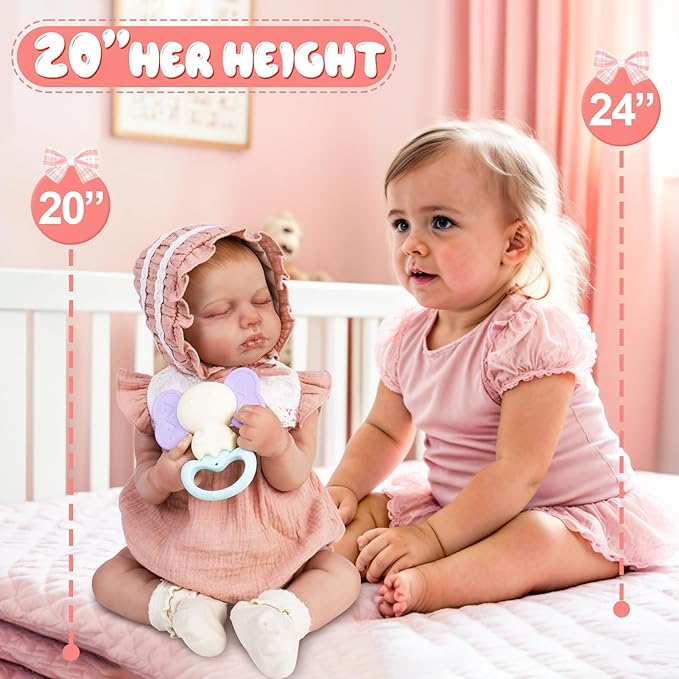 Aori Reborn Baby Dolls Realistic Lifelike - 20" Newborn Girl Doll with Feeding Set, Sleeping Baby Toy for Kids Ages 3+ Years, Hand-Painted Vinyl Newborn Doll