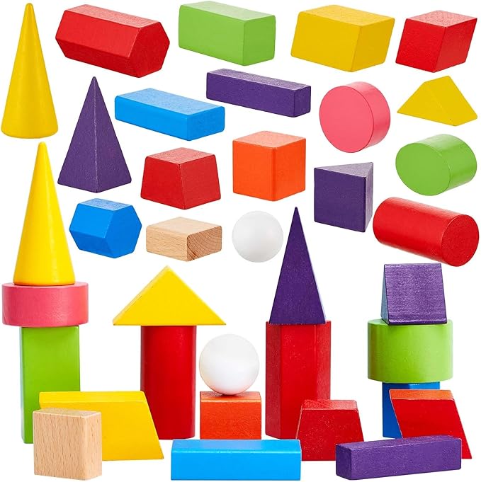 Deekin 36 Pcs Large 3D Shapes for Teaching Math Manipulatives Geometric Solids Blocks Montessori Learning Toys Blocks Solid for Preschool Elementary Kindergarten Home School Supplies (3D Shape)