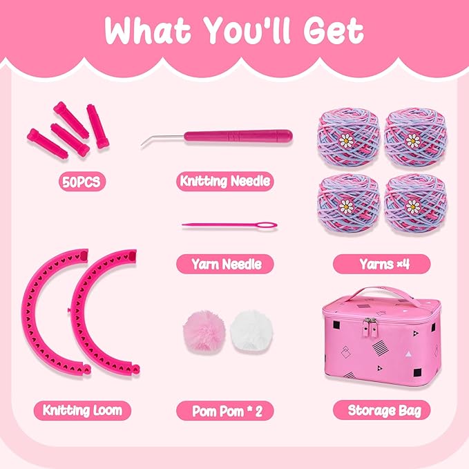 AHCo. Knitting Loom Kit for Girls Ages 6 7 8 10 11 12 – DIY Yarn Craft Set with Looms, Hooks, Storage Bag and Tools, Create Hats, Scarves, Coasters – Fun Gift for Beginners and Kids (Rose)