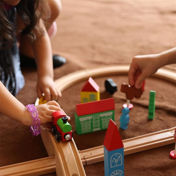 SainSmart Jr. Wooden Train Set for Toddler with Double-Side Train Tracks Fits Brio, Thomas, Melissa and Doug, Kids Wood Toy Train for 3,4,5 Year old Boys and Girls