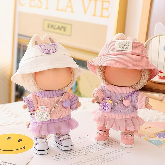17cm Doll Clothes Set (No Doll), 5 Pieces Skirt Outfit Set for 6.7inch Dolls Dress Suit, Fashion Kawaii Dress Up Hat Overskirt Shoes Accessories for 1st/2nd/3rd Gen Dolls Play & Display Pink