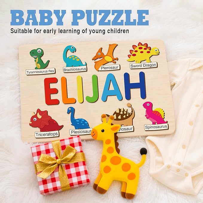 Personalized Name Puzzle for Toddlers 1-3, Custom Wooden Puzzle with Animal Names & Patterns, Montessori Learning Toy, Unique Baby Shower for Boys & Girls