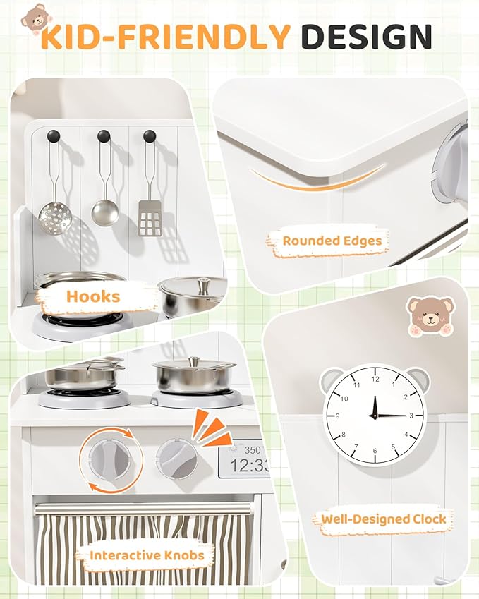 MAMIZO Kids Kitchen Playset with Ample Storage, Interactive Play Kitchen with Simulated Gas Cooker, Clicking Knobs, Sink, Faucet, 6 Pcs Cookware, Educational Clock for Toddlers (White)