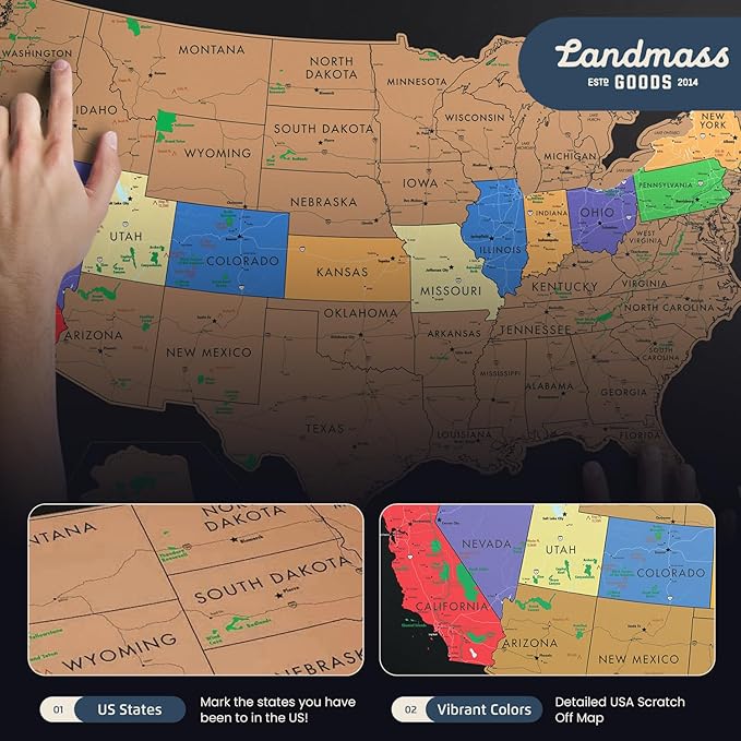 Landmass Scratch Off United States Map, Travel Poster with National Parks, State Capitals, USA Wall Art, Gift for Travelers, Home Travel Decor, Gift Idea for Adventure Enthusiasts, 17x24 Inches