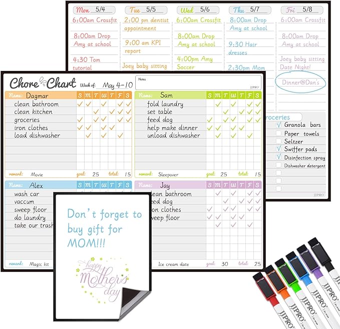 JJPRO Magnetic Dry Erase Chore Chart and Weekly Calendar Set for Fridge-Chore Chart for Multiple Kids,Weekly Planner Board,Family Chore Chart for Multiple Kids&Adults,Bonus to-do Whiteboard