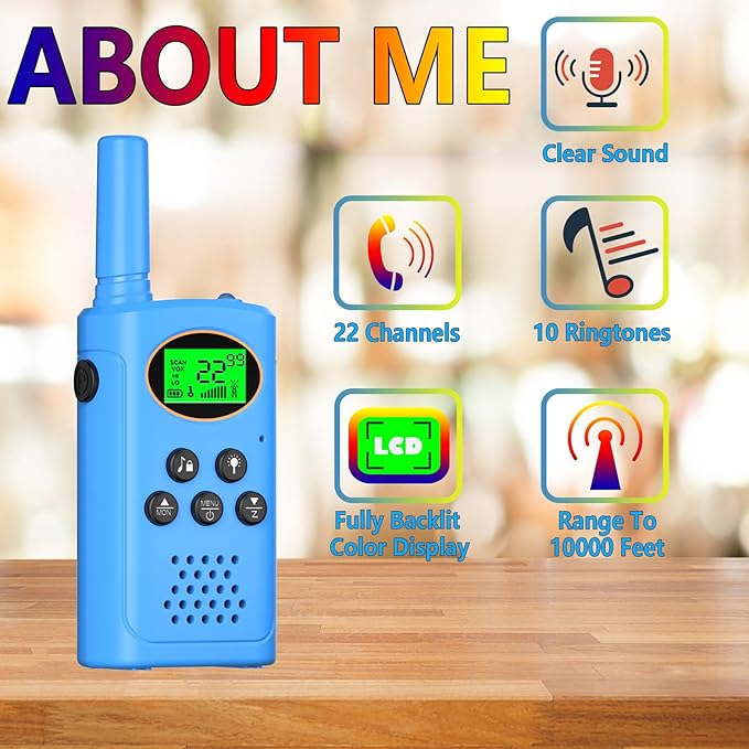 Walkie Talkies for Kids 2 Pack, Toys for Ages 4-13 Year Old Boys Girls with Flashlight LCD Screen, Long Range 22 Channels 2 Way Radio Indoor Outdoor Adventure Easter Xmas Birthday Gifts (Blue)