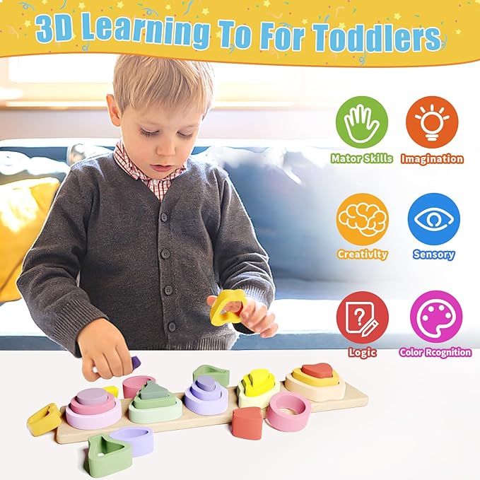 Montessori Toys for 1 2 3 Year Old Boys Girls - Wooden Sorting & Stacking Toys for Kids - Toddler Toys Age 1-3 - Shape Sorter and Color Stacker Preschool Kids Gifts