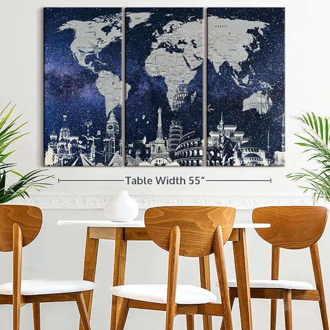 ElephantStock Starry World Map Multi Piece Canvas - 3 Panel Wall Decor - Map of the World Art - Canvas for the Office and Home - 57" X 36"