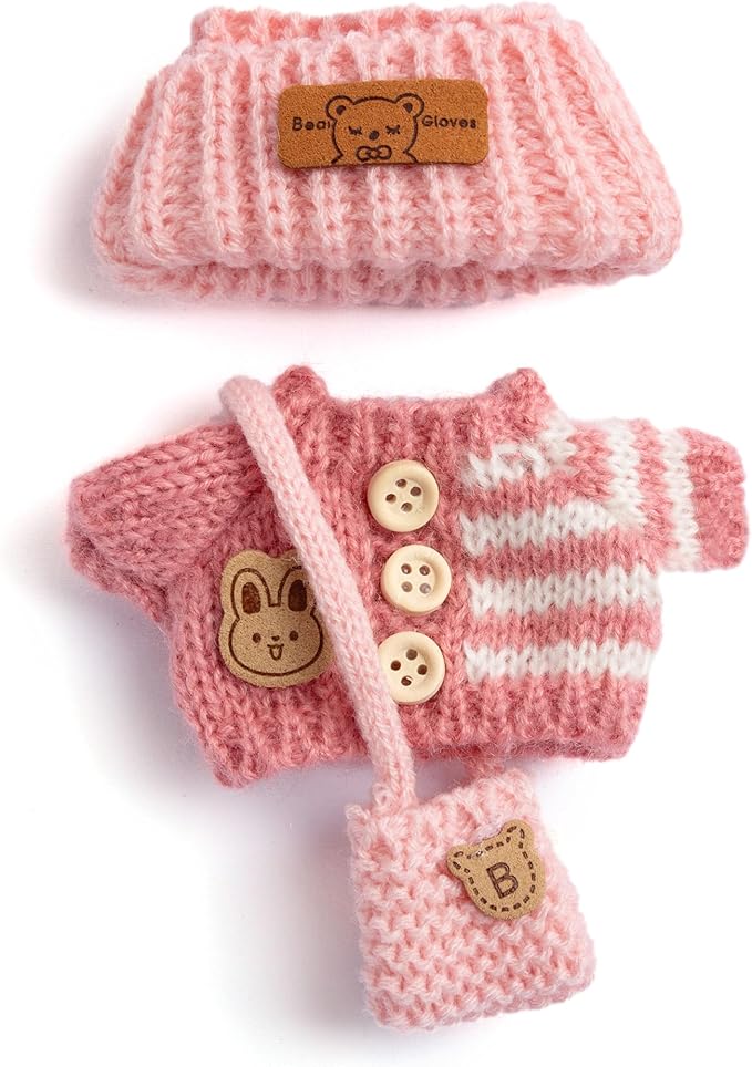 17cm Doll Clothing for Labubu - Kawaii Chic Style Set for 17cm Dolls, Cute Doll Outfit with Accessories -Button Up Stripe Pink Sweater + Pink Hat + Pink Bag (Clothes Only)