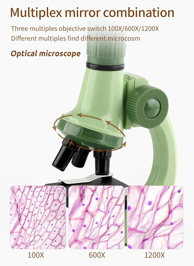 XD508 Microscope for Kids - 100X 600X 1200X Beginner Microscopes kit with LED Light, Science Educational Gift and Toy for Boy&Girl Birthday Halloween Christmas（Green）