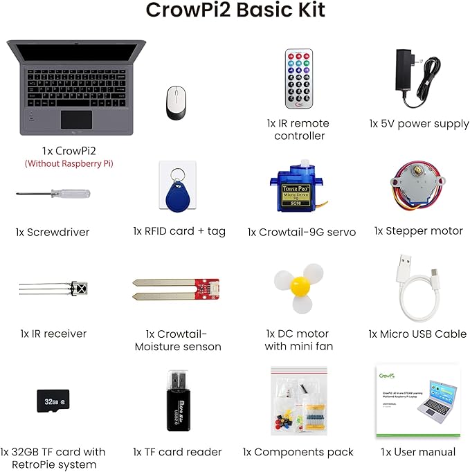 ELECROW CrowPi 2 All-in-one Kit Compatible for Raspberry Pi 4/5 Laptop, Without RPi 5 Board, Learning Programming Sensor Kit with 11.6 Inch IPS Screen for Professional Kids Adult (Basic Kit)