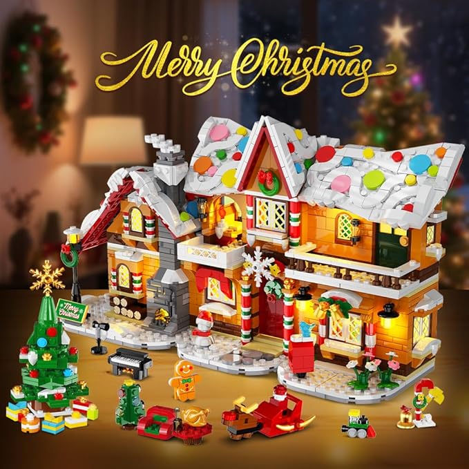 HOGOKIDS 2025 Advent Calendar Gingerbread House Mini Building Set with Light, 24 Days Countdown 3 Style Christmas Village Blocks Toy with Xmas Tree, for Adults Kids Boy Girls Ages 10+