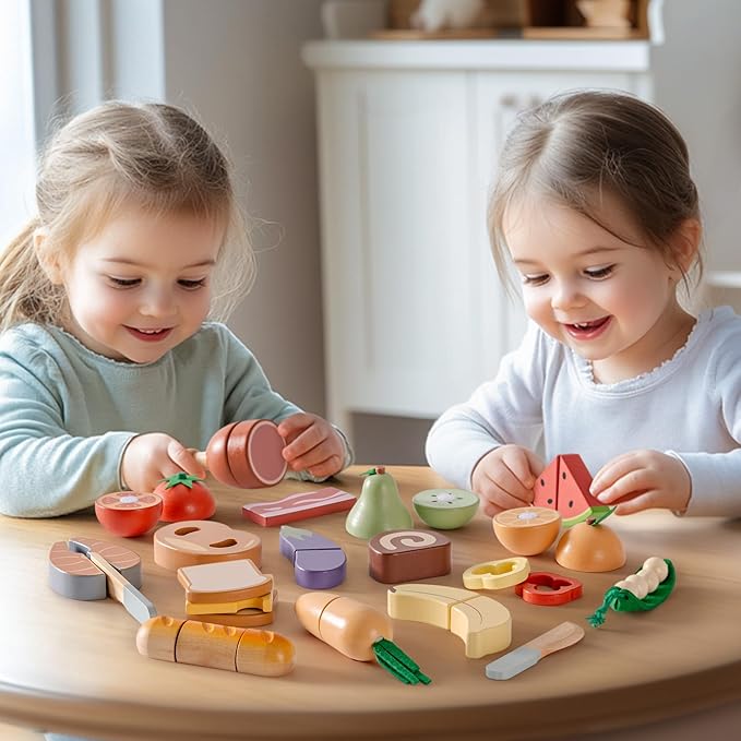 ROBOTIME Wooden Play Food 4-in-1 Cutting Set, Pretend Play Toy Food for Play Kitchen with Shopping Bag – Kids Kitchen Accessories, Wooden Play Food for Boys & Girls