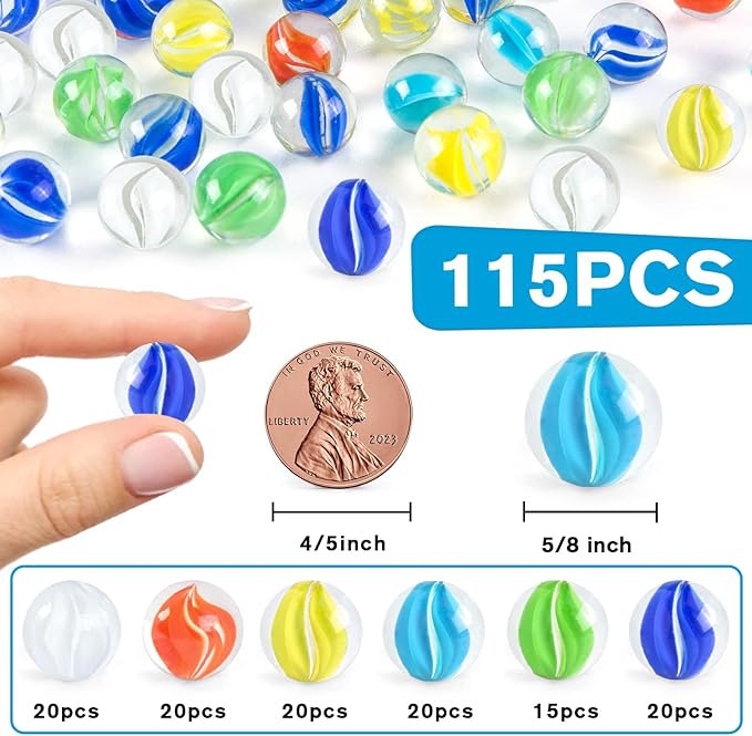 POPLAY Marbles for Kids, 115PCS Cat Eye Glass Marble, Mixed 6 Colors with Gift Box, for Chinese Checkers Board Games, Party Favor Gifts