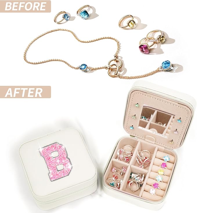 Initials Travel Jewelry Case - Bridesmaid Gifts Wedding Day,Bridesmaid Proposal Gift,Bridal Shower Gifts,Maid of Honor Gifts,Bachelorette Party Decorations Favors | Cream,B