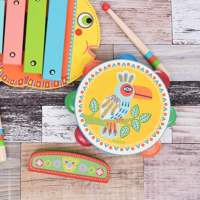 DJECO Animambo Tambourine Music Instrument - Colorful Toucan Design Toddler Educational Musical Toy for Listening, Creativity, Motor Skills & Coordination - Baby Toys for Girls & Boys, 18 Months+