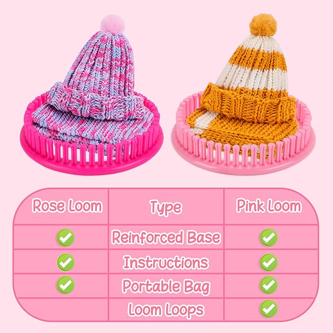 AHCo. Knitting Loom Kit for Beginners, Creative Craft Toy for Girls Ages 7 8 9 10 11 12 with Storage Bags Yarns Knitting Tools, Fantastic DIY Gifts Knit Hat Scarf Coaster (Pink)