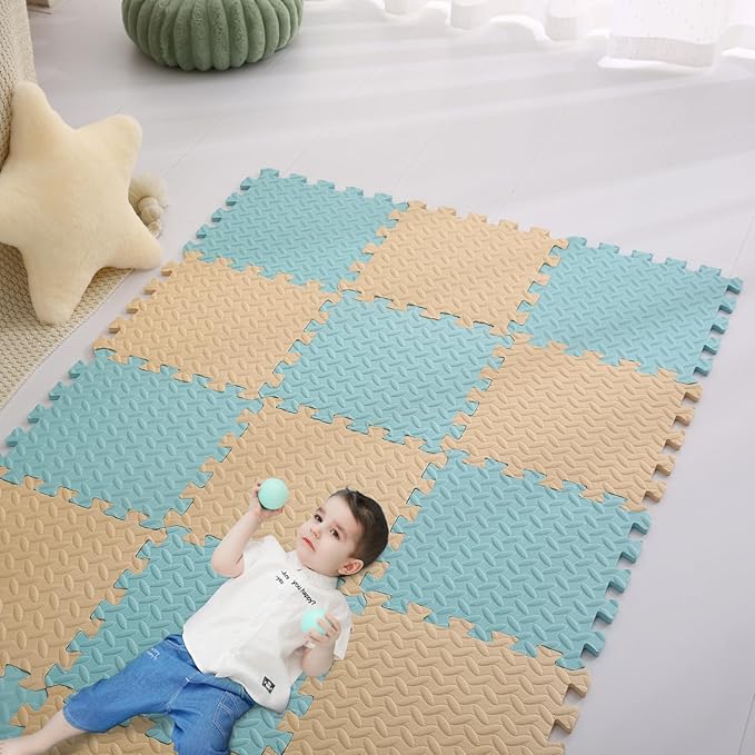 Foam Play Mat for Baby, 0.4 Inch Thick Foam Interlocking Floor Mats, Soft Non-Toxic Baby Playmat, Solid Colored Puzzle Play Mat Kids Floor Mats for Toddler, 16 Tiles(Beige/Light Blue)