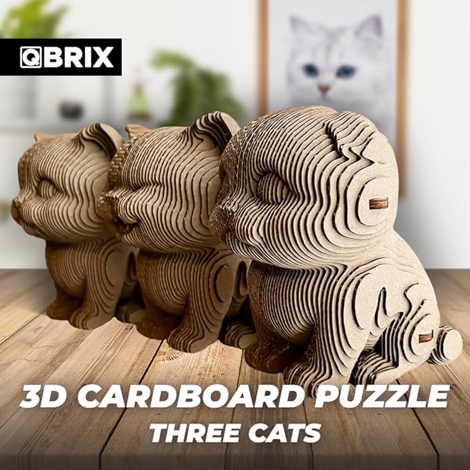 QBRIX 3 Cats 3D Puzzle for Adults, DIY Craft Kit for Home Decor, 3D Model Kit for Teens, Creative Gift for Boys & Girls 14+, Cardboard Model Building Kit